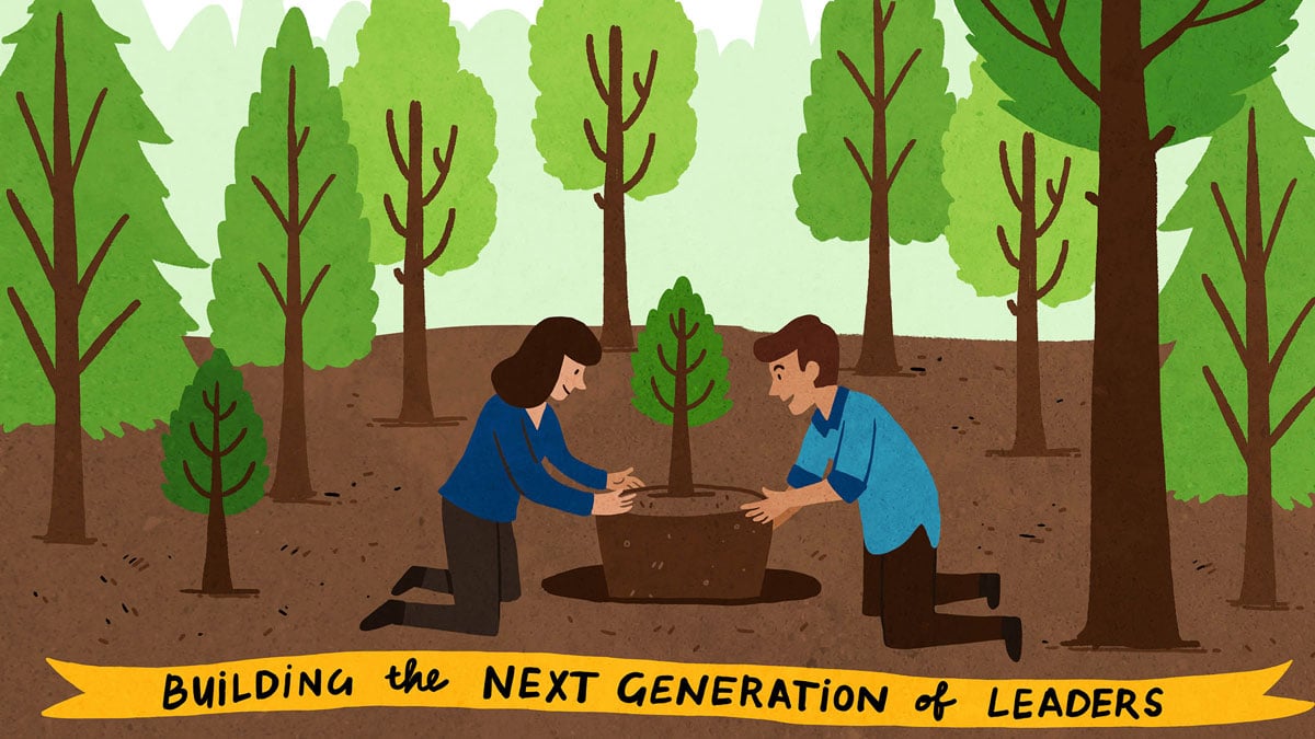 Two people plant a tree in the West Monroe animation