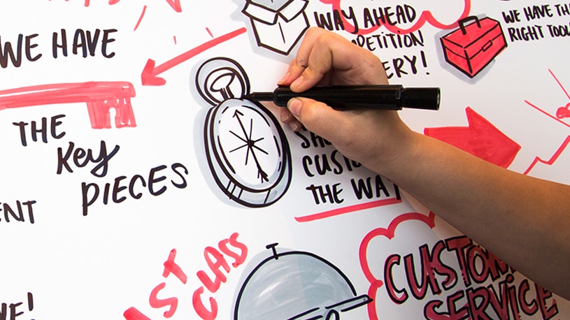Drawing black and red visual notes with a compass illustration