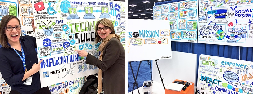 Conference attendees pose with visual notes created by Ink Factory showcasing their input at Netsuite