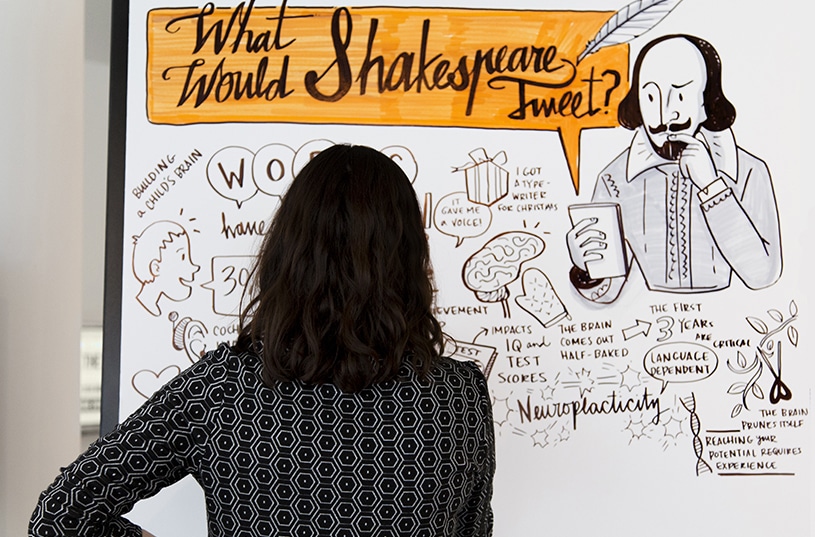 A viewer looks at visual notes with fancy hand-lettering