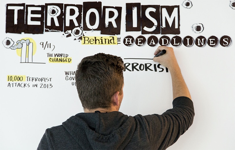 An artist draws a title: "Terrorism: Behind the Headlines" in a severe and scary looking font